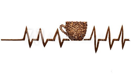 Coffee beat / Creative still life photo of a coffee cup and pulse line mad of coffee beans on white.