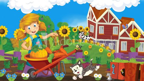 Cartoon farm scene - farm girl is working and having fun - illustration for children