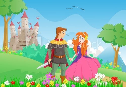 happy cartoon prince and princess with a castle background