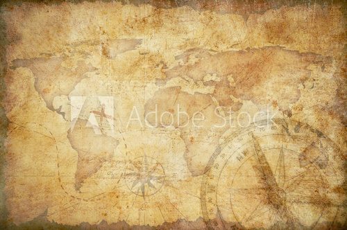 aged treasure map, ruler, rope and old brass compass still life