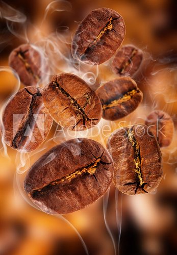 Flying coffee beans in smoke