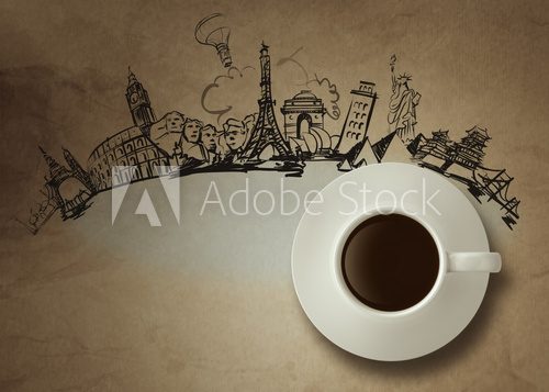 3d cup of coffee traveling around the world as vintage style