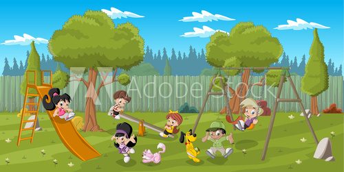 Cute happy cartoon kids playing in playground on the backyard