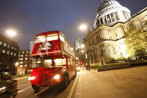 London Routemaster Bus and St Paul's Cathedral at night