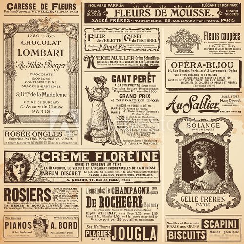background/patterns made of vintage french ads on ladies' topics