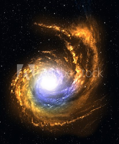 Spiral galaxy in deep space with starfield background.
