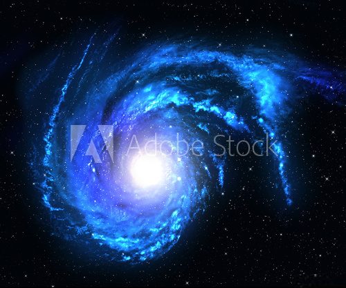 Spiral galaxy in deep space with star field background.