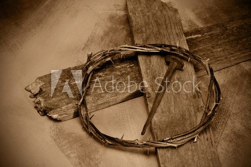 Jesus Christ cross, nail and crown of thorns