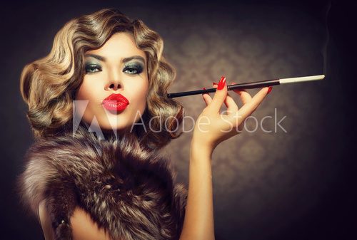 Beauty Retro Woman with Mouthpiece. Vintage Styled Beauty