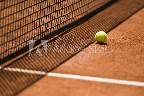 Tennis Ball and Net on a Clay Court