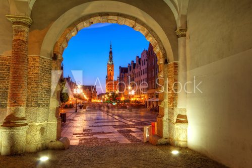 Green gate view for city hall of Gdansk at night, Poland