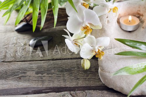 Orchids candle and stones on wooden boards background