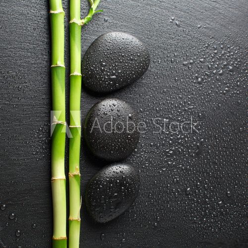 zen stones and bamboo with dew