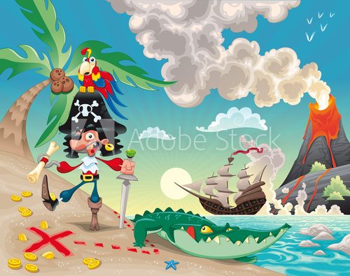 Pirate on the isle. Funny cartoon and vector scene.