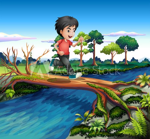 A boy running while crossing the river
