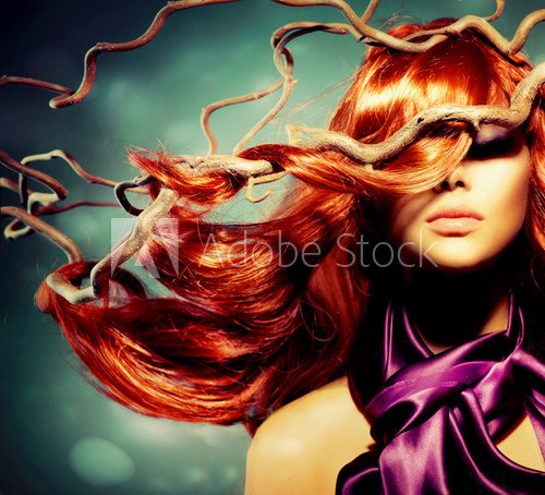 Fashion Model Woman Portrait with Long Curly Red Hair