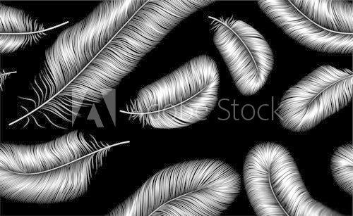 Seamless background with white feathers on black background