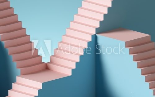 3d render, abstract background with steps and staircase, in pink and blue pastel colors. Architectural design elements.