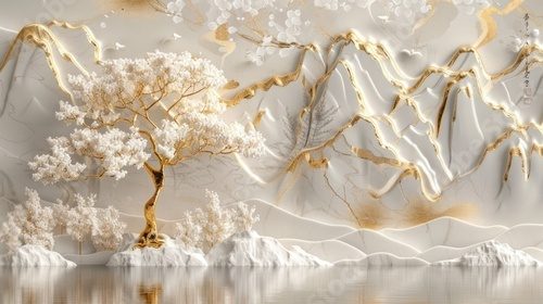 3D wallpaper with a white tree and golden leaves, a marble background with a landscape.