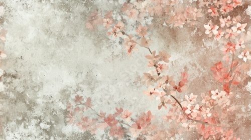  a painting of a branch with pink flowers on a gray and white background with space for a text or a picture of a branch with pink flowers on a gray and white background.