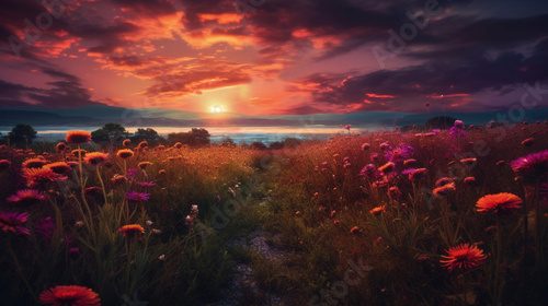 A sunset with a path leading to a field of flowers
