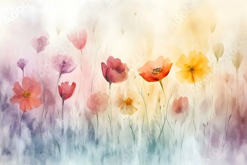 A vibrant watercolor painting of various colorful flowers in a field.