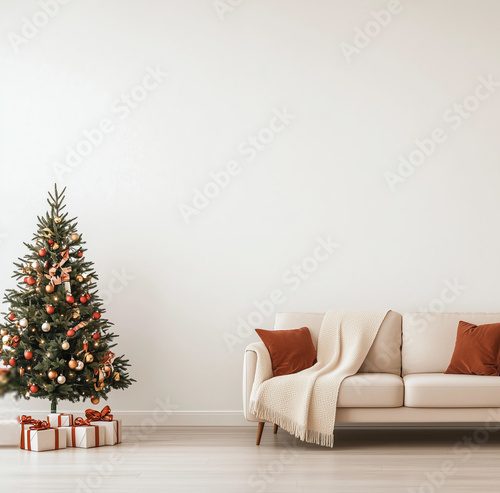 A white, modern living room with a beige sofa and a Christmas tree decorated