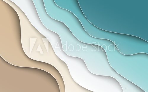 Abstract blue sea and beach summer background with curve paper waves and seacoast for banner, flyer, invitation, poster or web site design. Paper cut out art style, space for text, vector illustration
