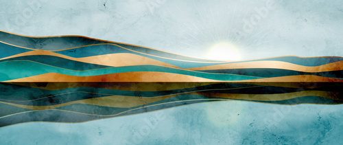 Abstract luxury landscape art background with mountains and hills with golden elements in a watercolor style. Vector banner with hills, mountains and sun for decoration, wallpaper, packaging, fabric