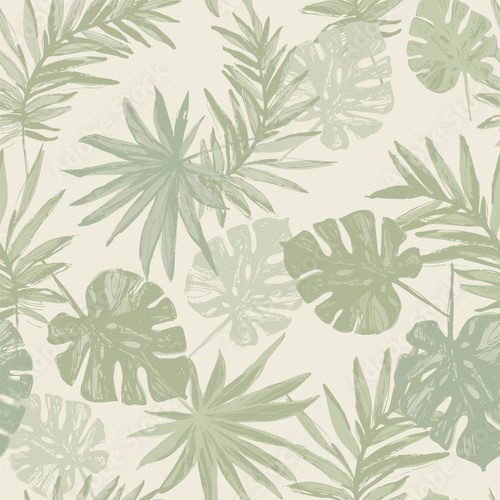 Abstract tropical foliage background in pastel olive green colors. Palm leaves in line art, grunge silhouette seamless pattern. Vector tropics illustration for swimwear design, wallpaper, textile