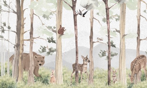 Aged Wildlife Wall Mural: Faded Brown Bear, Deer, Trees & Abstract Forest Scene