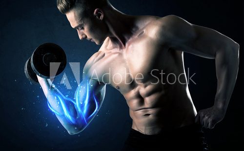 Fit athlete lifting weight with blue muscle light concept