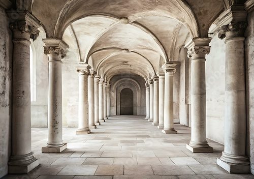 Arched Hallway with Stone Columns and Beige Walls