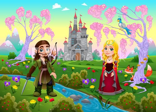 Medieval couple in a landscape with castle