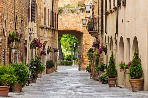 Beautiful street in a small old village Pienza, Tuscany.