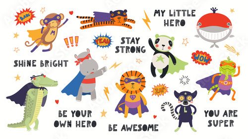 Big set of cute animal superheroes in masks, capes, flying, with quotes. Isolated objects on white background. Hand drawn vector illustration. Scandinavian style flat design. Concept for kids print.