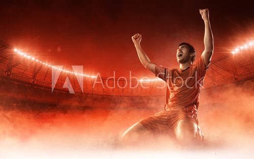 soccer player on soccer stadium celebrating a goal on red smoke background