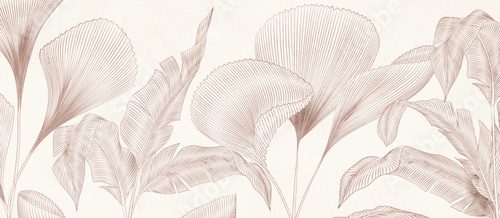 Botanical art background with hand drawn tropical plant leaves in line style. Vector banner for decor, print, wallpaper, poster, packaging, textile, interior design.