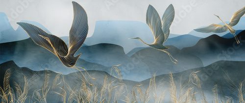 Crane birds against a background of mountains and hills in the fog. Art banner for decoration, print, poster, wallpaper, textile, interior design.