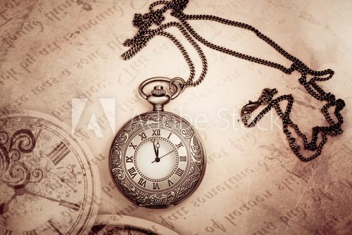 Old clock on a chain. Vintage card