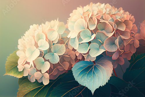 Delicate floral watercolor pattern for textiles and backgrounds, watercolor hydrangea flowers and green leaves, soft colors, boho style on light background, floral vintage wedding style. Generative AI