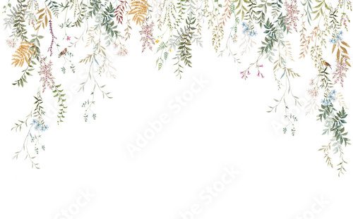 Mural with leaves and flowers. Delicate watercolor vines and flowers, birds on the branches. Watercolor fresco
