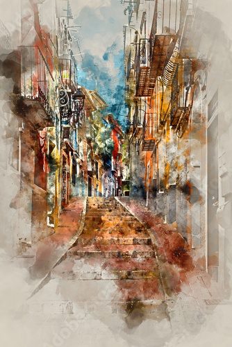 Digital watercolor painting of Villajoyosa town. Spain