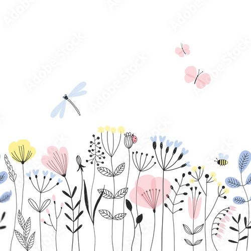 Doodle summer meadow plants and insects vector seamless boarder pattern. Line art style blossom background. Floral field surface design for nursery.