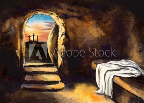 Easter Jesus Christ rose from the dead. Sunday morning. Dawn. The empty tomb in the background of the crucifixion. Happy easter. Christian symbol of faith, art illustration painted with watercolors
