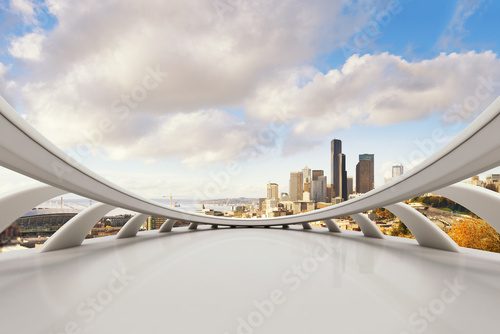 empty marble floor with cityscape and skyline of seattle