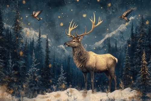 enchanted forest mural with shimmering gold accents on deep indigo background majestic stag soaring birds and intricate pine trees create a magical winter scene