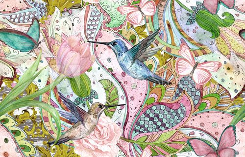 fashion seamless texture with ethnic floral ornament and hummingbirds. watercolor painting