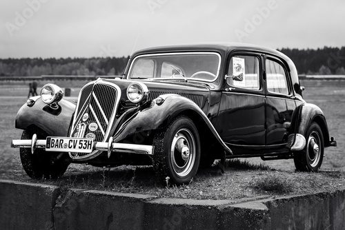 FINOWFURT, GERMANY - MAY 06, 2023: The full-size car Citroen Traction Avant 11B, 1953. Black and white. Race festival 2023. Season opening.