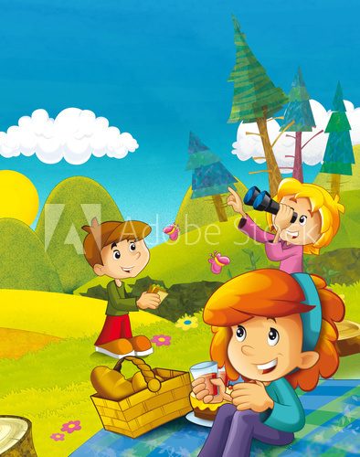cartoon scene with children having fun in the mountains